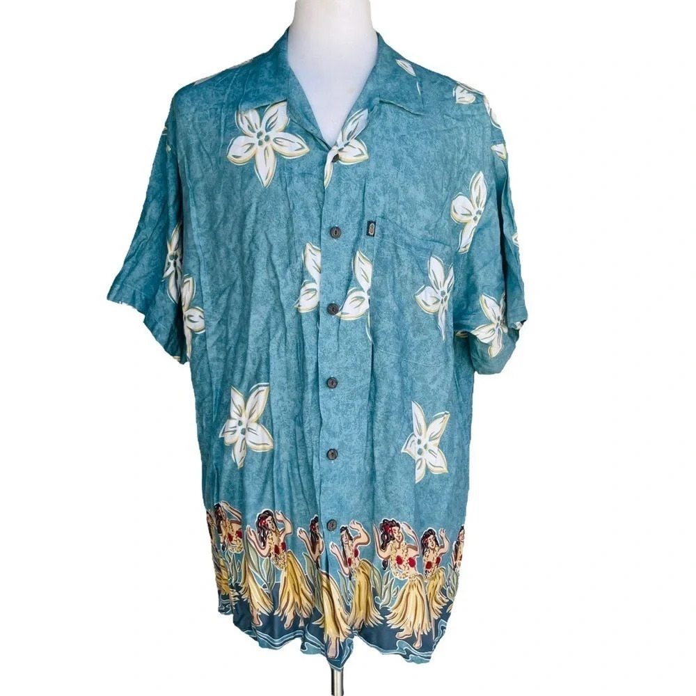 VINTAGE Pineapple Connection Men’s Sz 2XB Pine Green Hula Girls Hawaiian Shirt